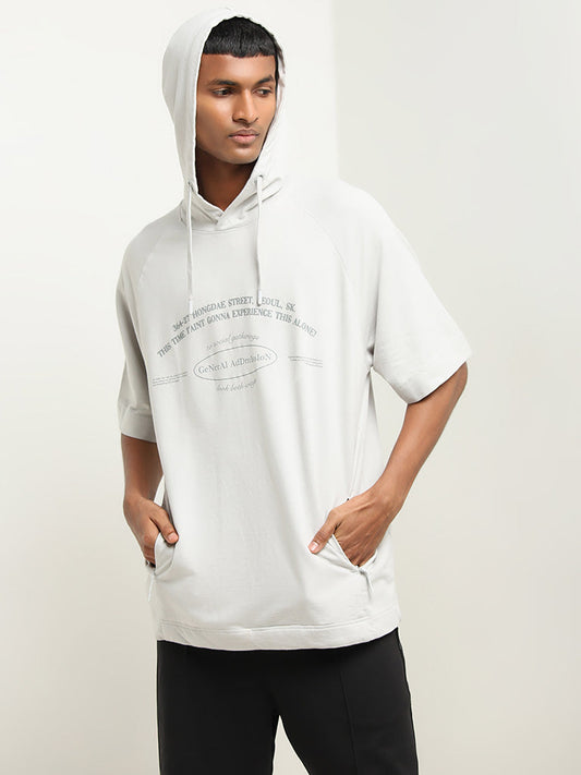 Studiofit Light Grey Text Design Relaxed-Fit Cotton Hooded T-Shirt