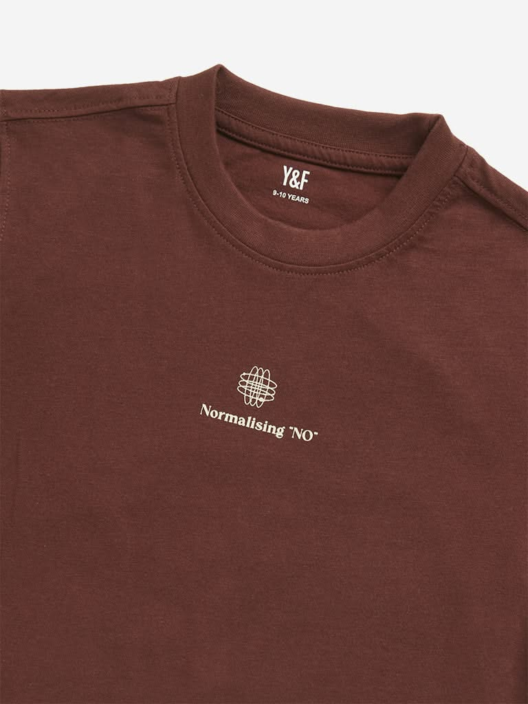 Y&F Kids Dark Brown Text Printed T-Shirt