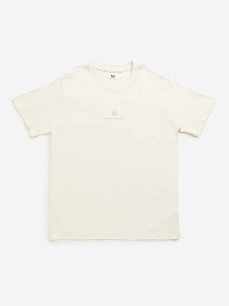 Y&F Kids Off-White Text Printed T-Shirt