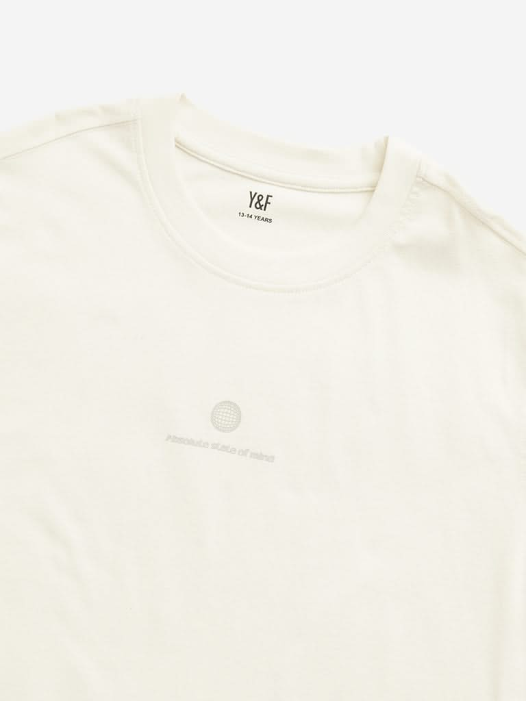 Y&F Kids Off-White Text Printed T-Shirt