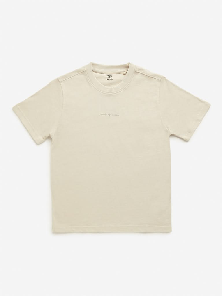 Y&F Kids Beige Text Printed T-Shirt