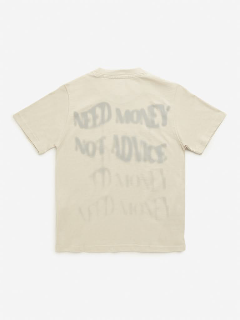 Y&F Kids Beige Text Printed T-Shirt