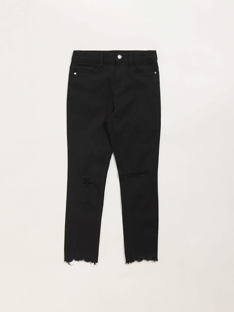 Y&F Kids Black Relaxed Fit Mid Rise Distress Jeans