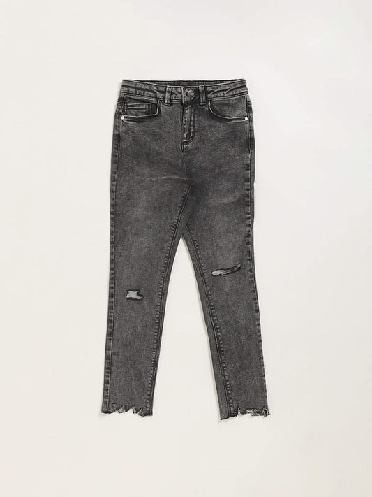 Y&F Kids Grey Relaxed Fit Mid Rise Distress Jeans