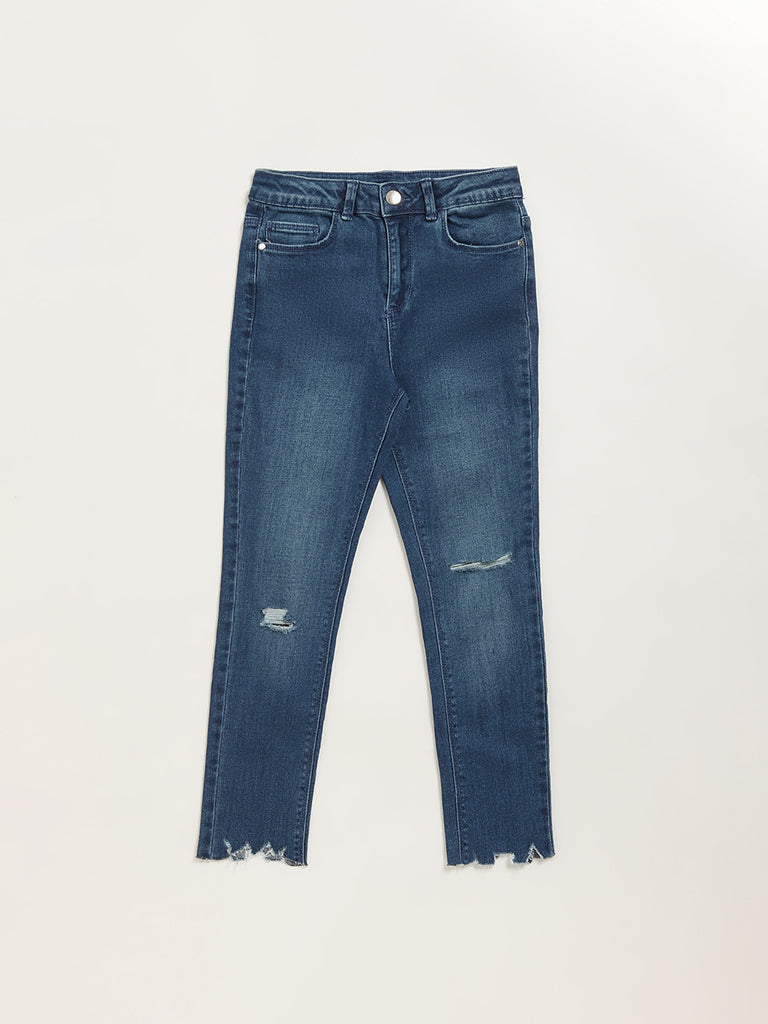 Y&F Kids Blue Relaxed Fit Mid Rise Distress Jeans