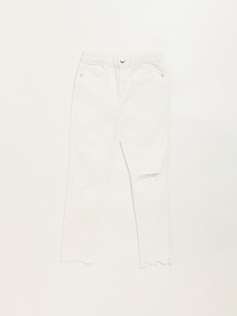 Y&F Kids White Relaxed Fit Mid Rise Distress Jeans