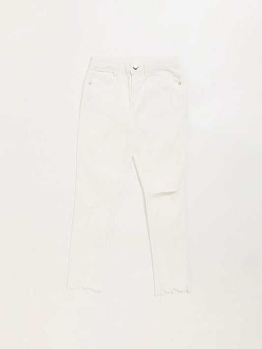 Y&F Kids White Relaxed Fit Mid Rise Distress Jeans