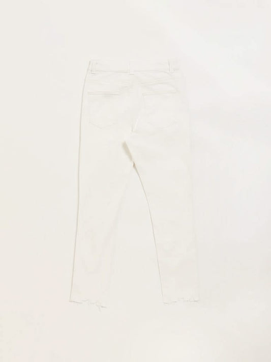 Y&F Kids White Relaxed Fit Mid Rise Distress Jeans