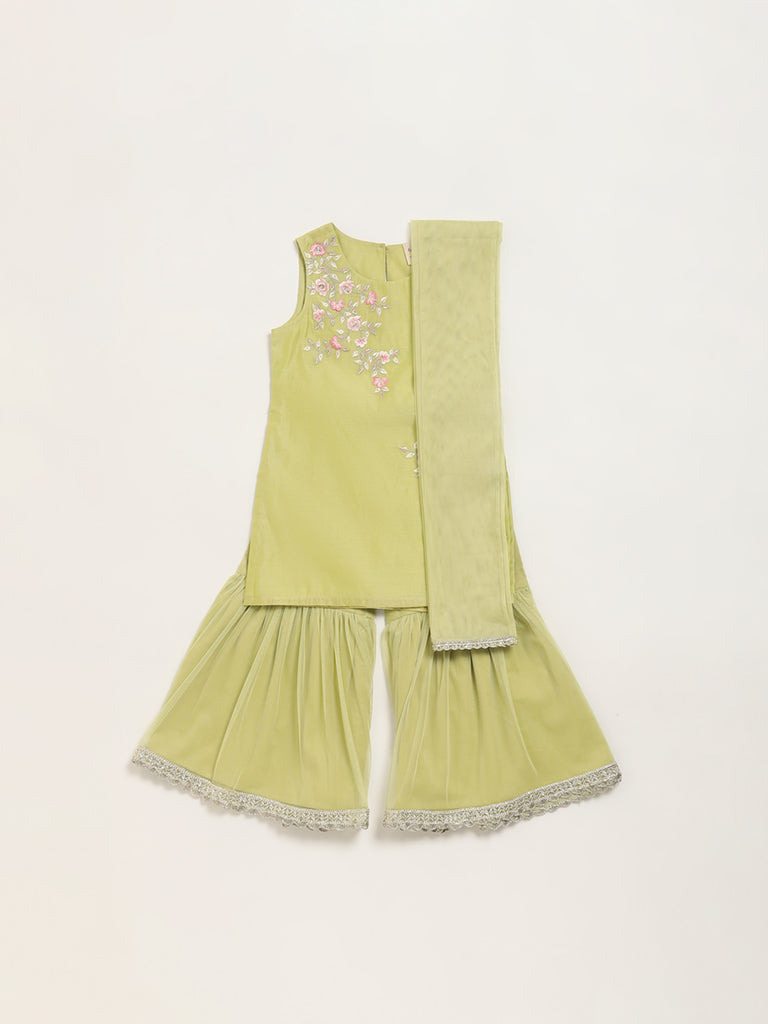 Utsa Kids Green Embroidered Sharara Set (2 - 8yrs)