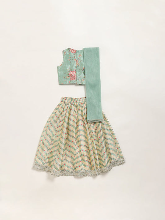 Utsa Kids Sea Green Floral Choli with Ghagra & Dupatta Set (2 - 8yrs)