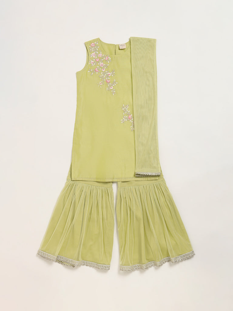 Utsa Kids Green Embroidered Sharara Set (8 -14yrs)