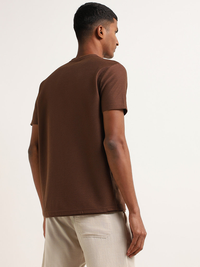 ETA Brown Cotton Blend Slim Fit Ribbed T-Shirt