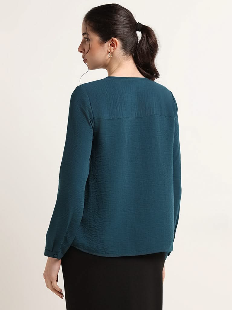 Wardrobe Solid Teal V-Neck Top