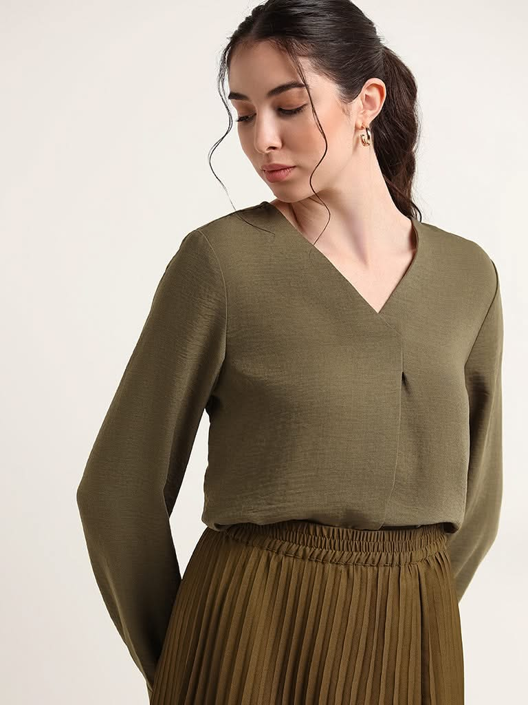 Wardrobe Solid Olive V Neck Top