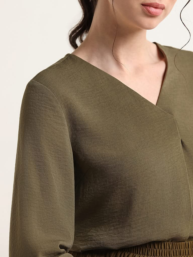 Wardrobe Solid Olive V Neck Top