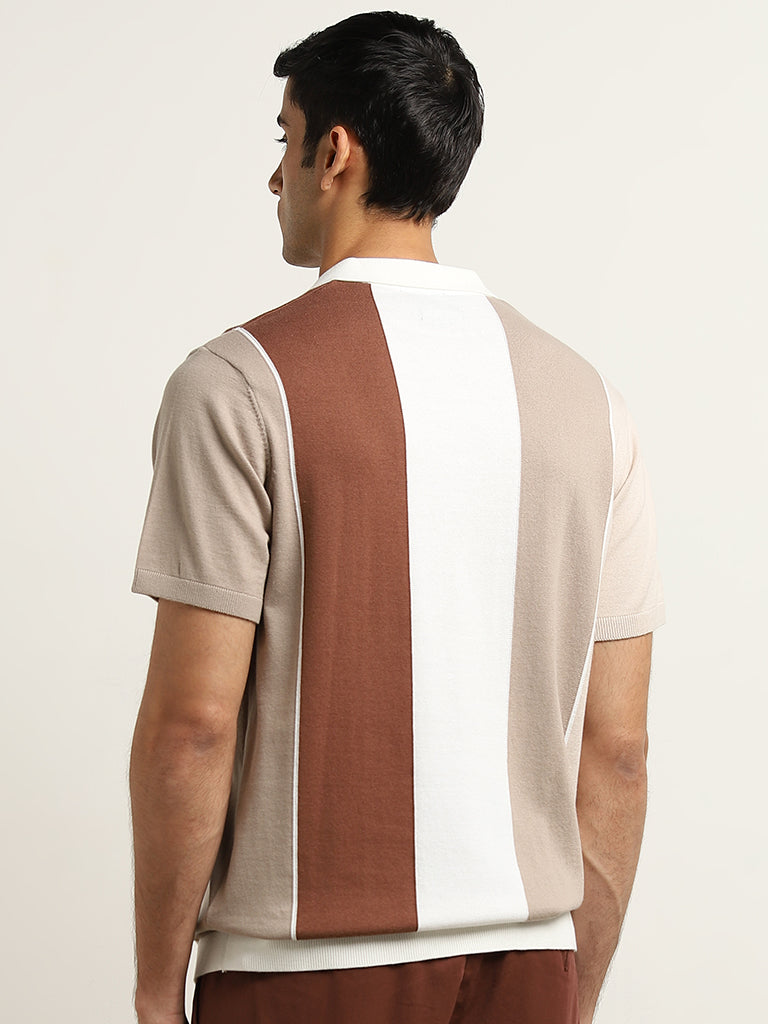 Ascot Light Taupe Colour-Blocked Relaxed Fit T-Shirt