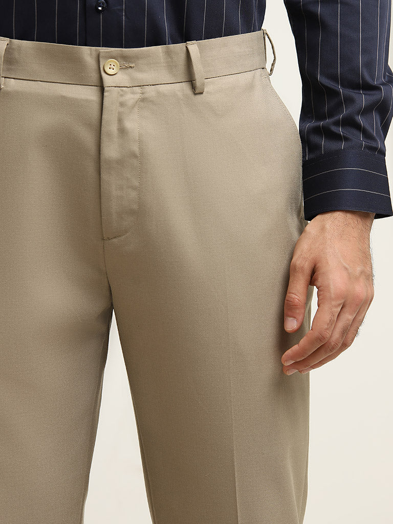 WES Formals Beige Relaxed-Fit Mid-Rise Cotton Blend Trousers