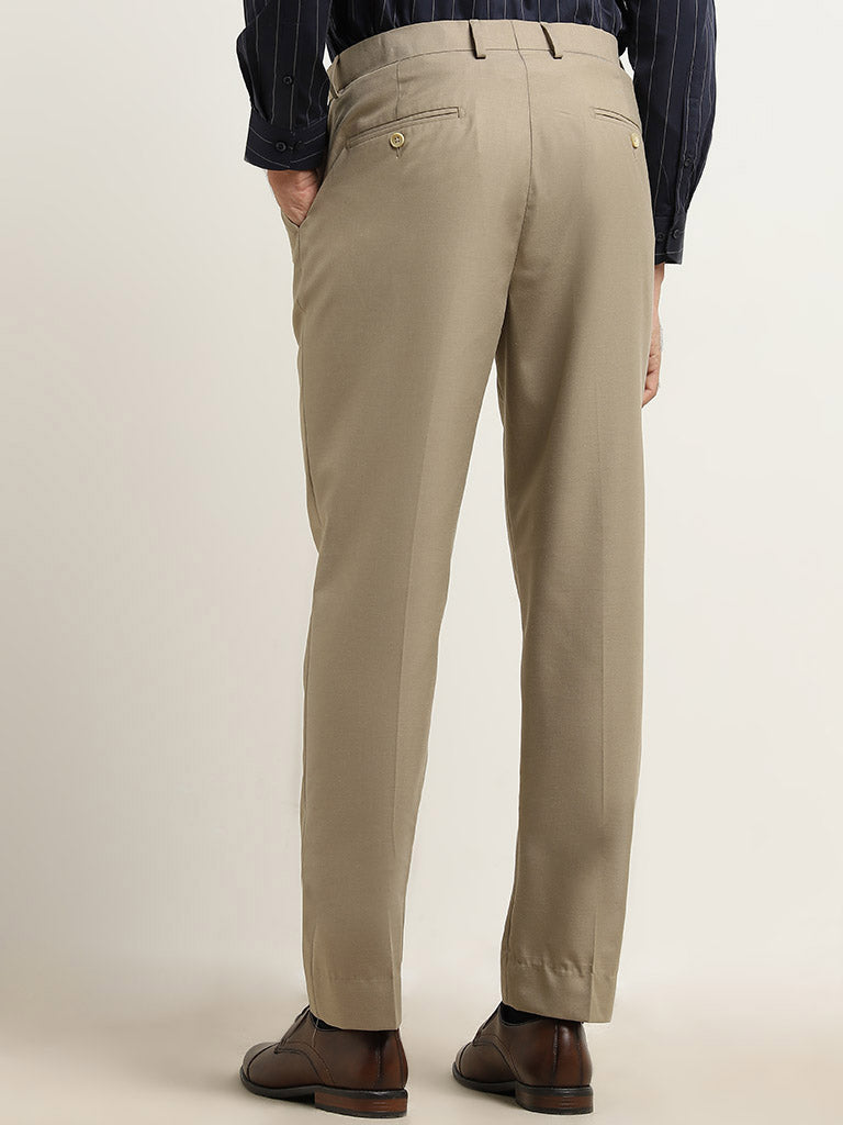 WES Formals Beige Relaxed-Fit Mid-Rise Cotton Blend Trousers