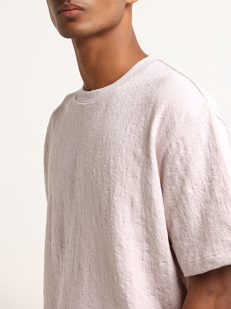 ETA Light Pink Relaxed Fit Textured Weave Cotton Blend T-Shirt