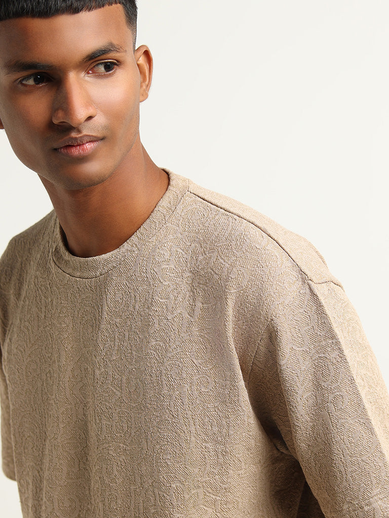 ETA Beige Relaxed Fit Textured Weave Cotton Blend T-Shirt