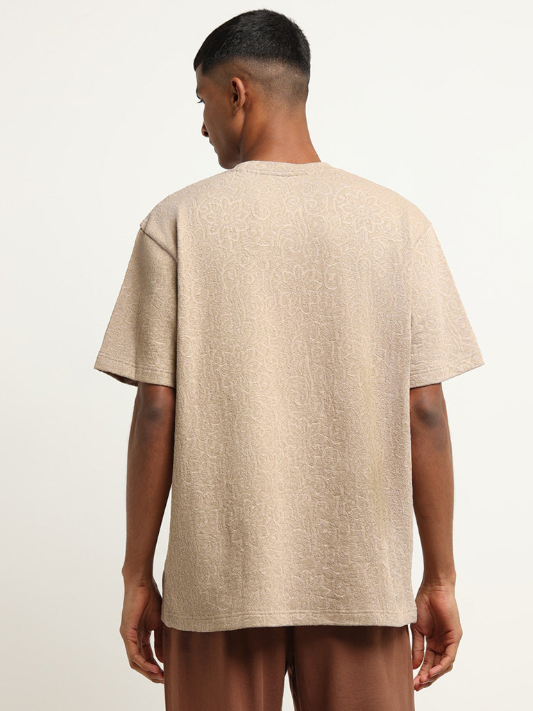 ETA Beige Relaxed Fit Textured Weave Cotton Blend T-Shirt