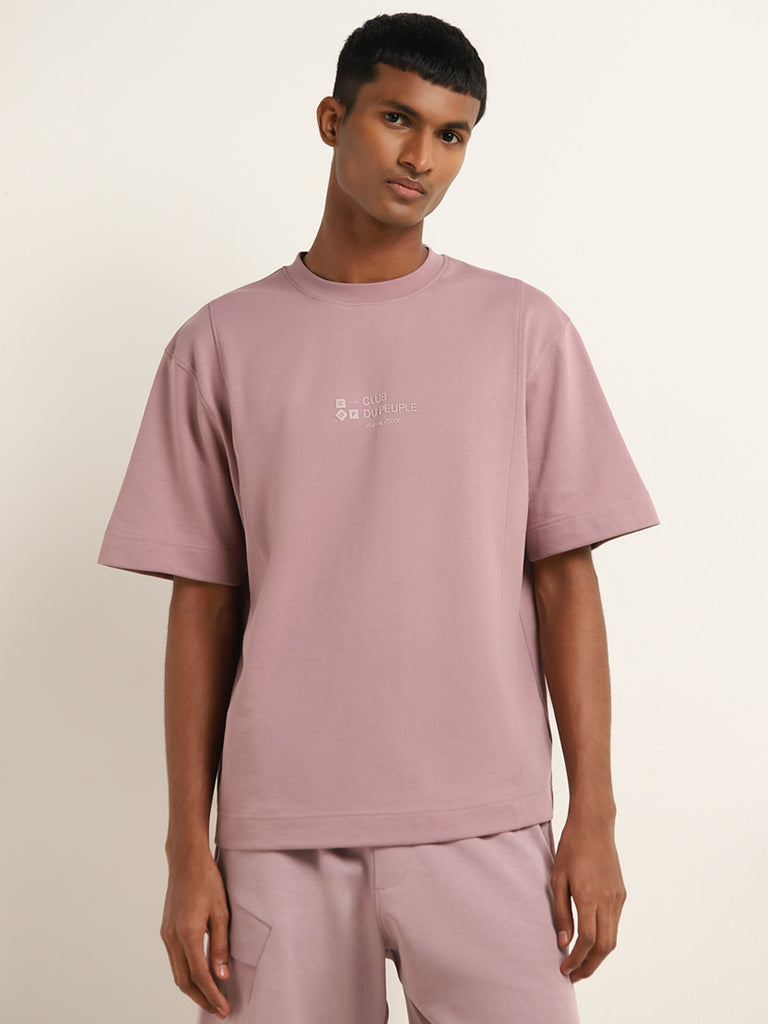 Studiofit Dark Pink Text Print Relaxed Fit T-Shirt