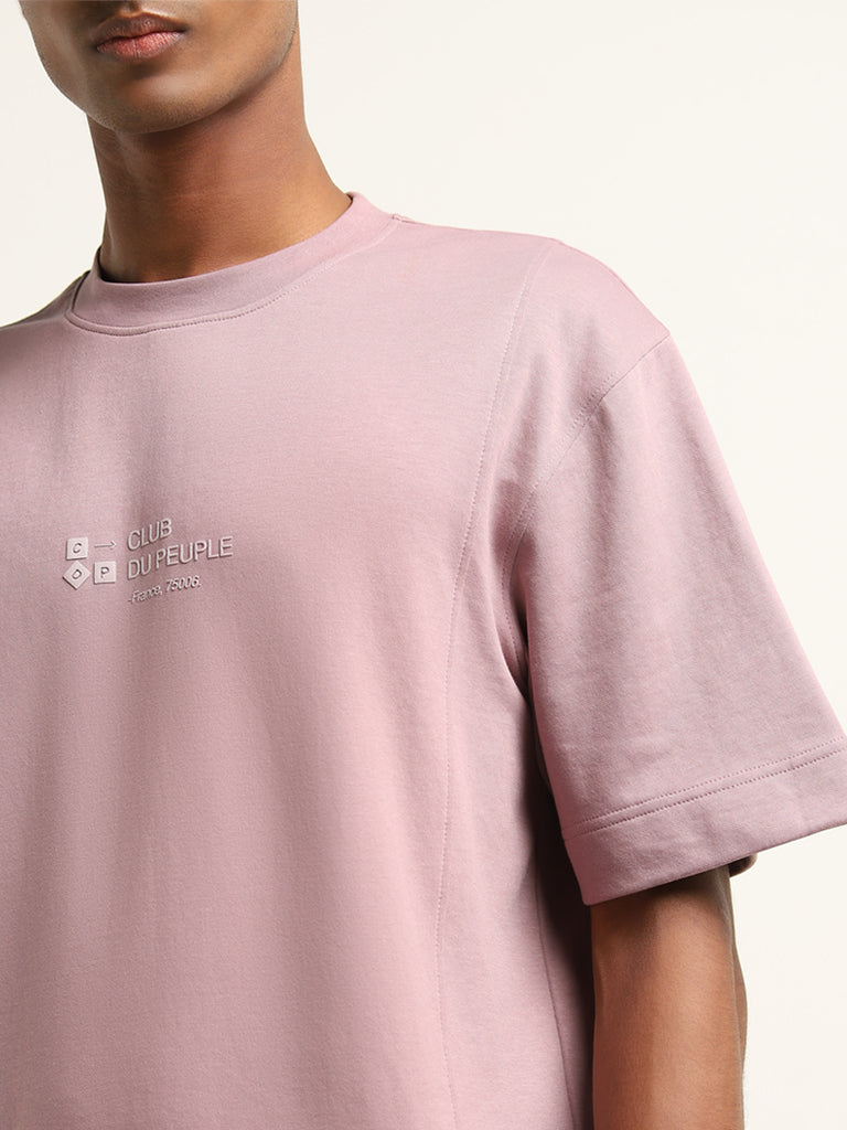 Studiofit Dark Pink Text Print Relaxed Fit T-Shirt