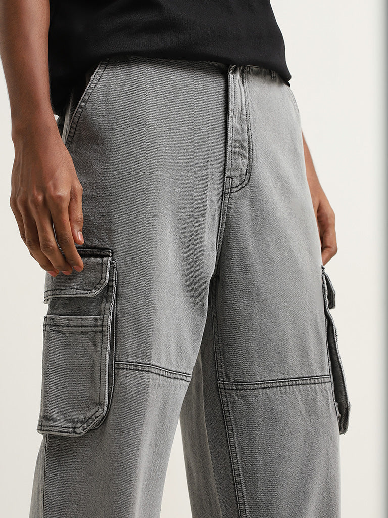 Nuon Grey Cargo-Style Mid Rise Relaxed Fit Jeans