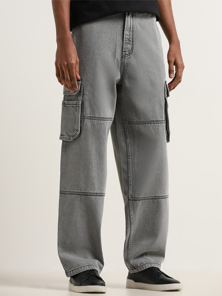 Nuon Grey Cargo-Style Mid Rise Relaxed Fit Jeans