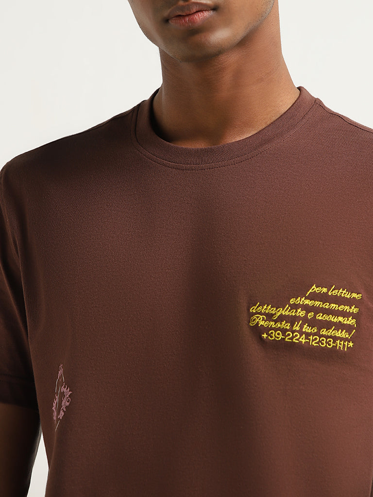 Nuon Brown Text Print Slim Fit T-Shirt