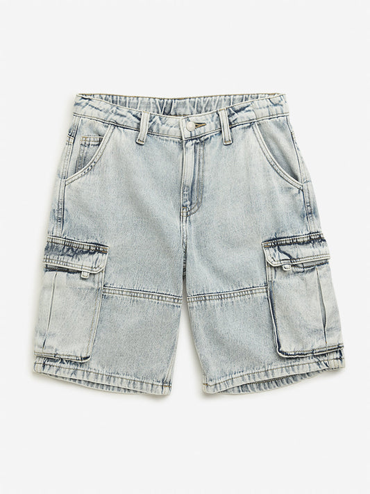 Y&F Kids Light Blue Mid Rise Cargo-Style Denim Shorts