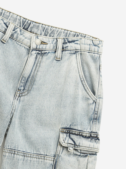 Y&F Kids Light Blue Mid Rise Cargo-Style Denim Shorts