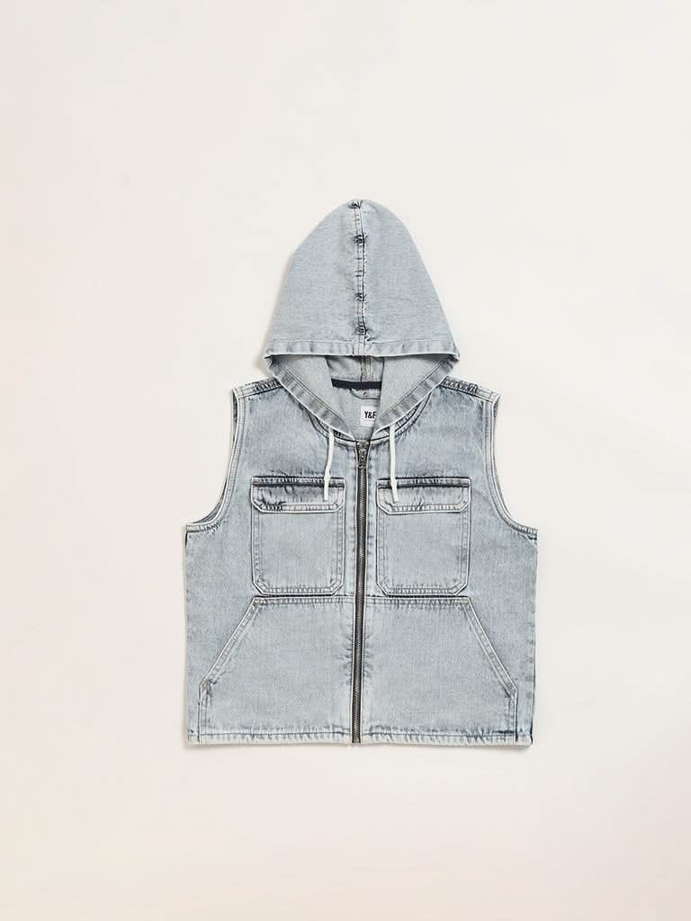 Y&F Kids Blue Denim Hooded Jacket