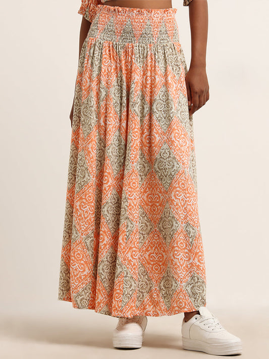 Bombay Paisley Peach Printed Mid Rise Skirt