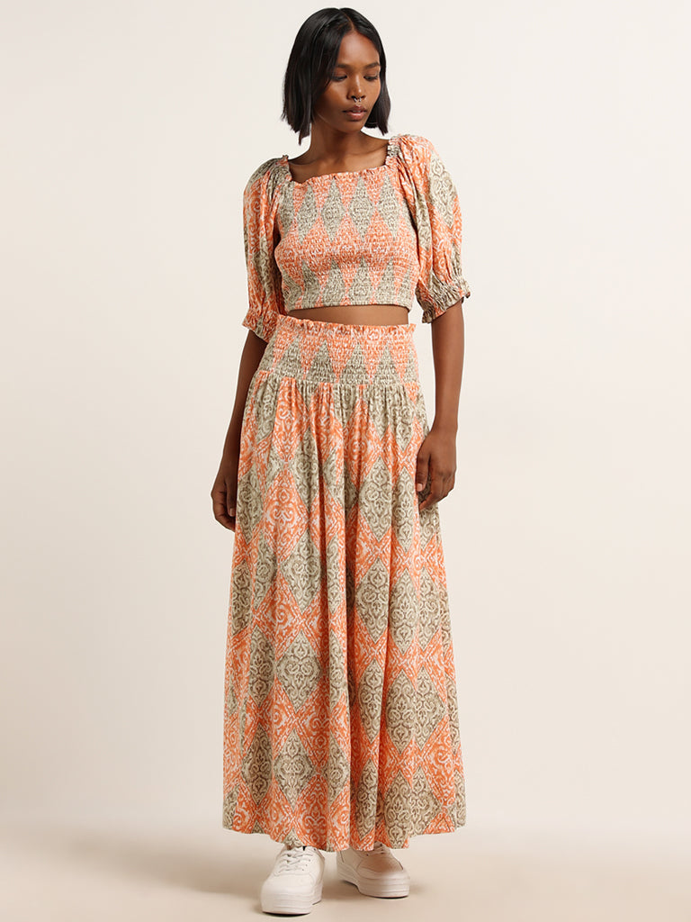 Bombay Paisley Peach Printed Mid Rise Skirt