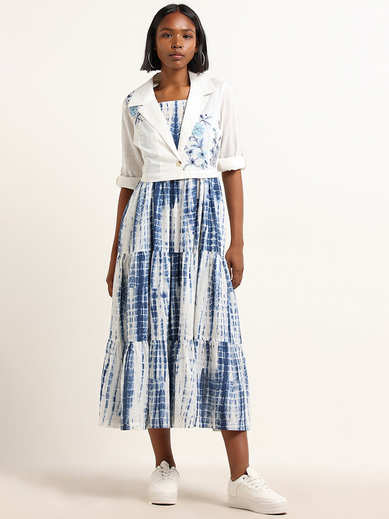 Bombay Paisley Blue Tie-Dye Print Cotton Tiered Dress with Jacket