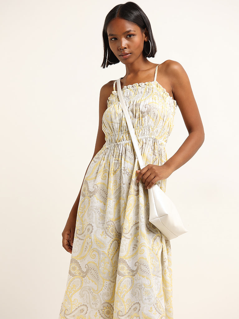 Bombay Paisley Yellow Paisley Print Cotton A-Line Dress