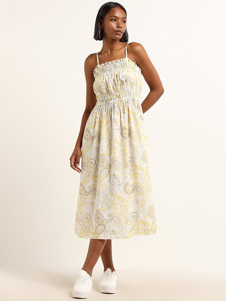 Bombay Paisley Yellow Paisley Print Cotton A-Line Dress