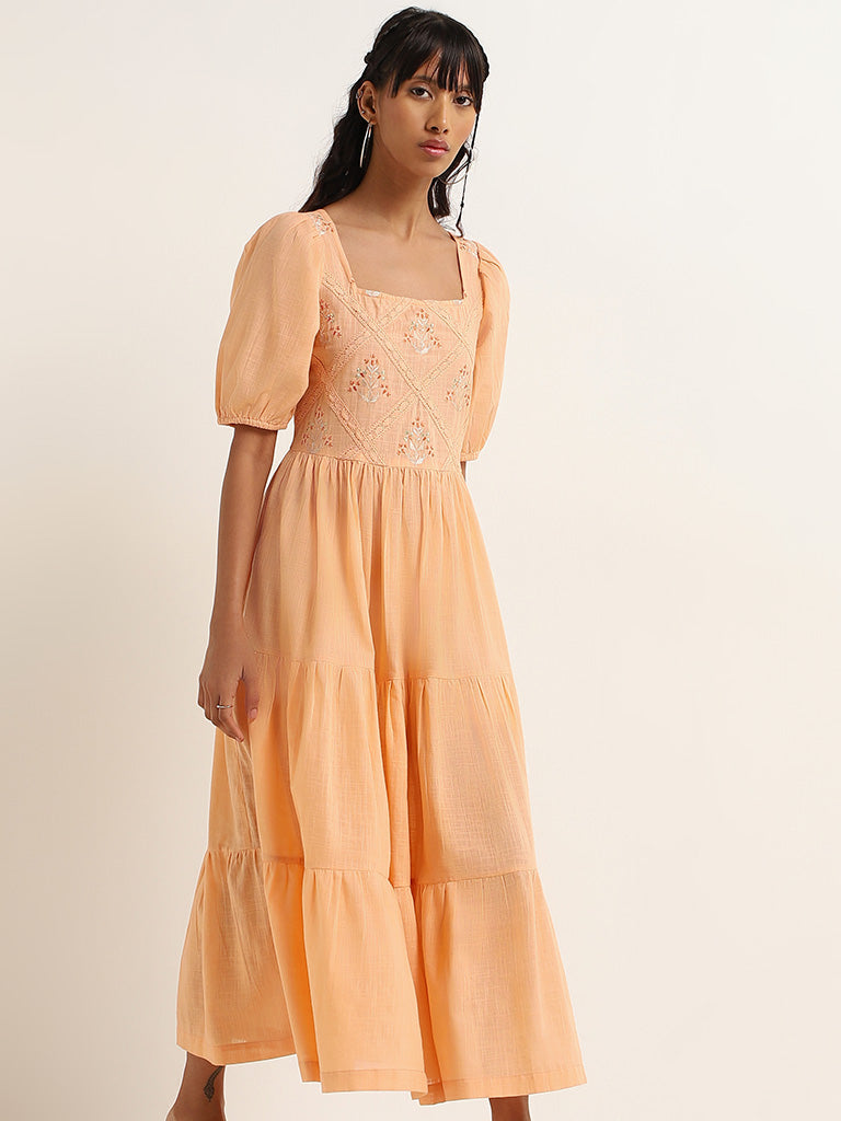 Bombay Paisley Peach Embroidered Cotton Tiered Dress