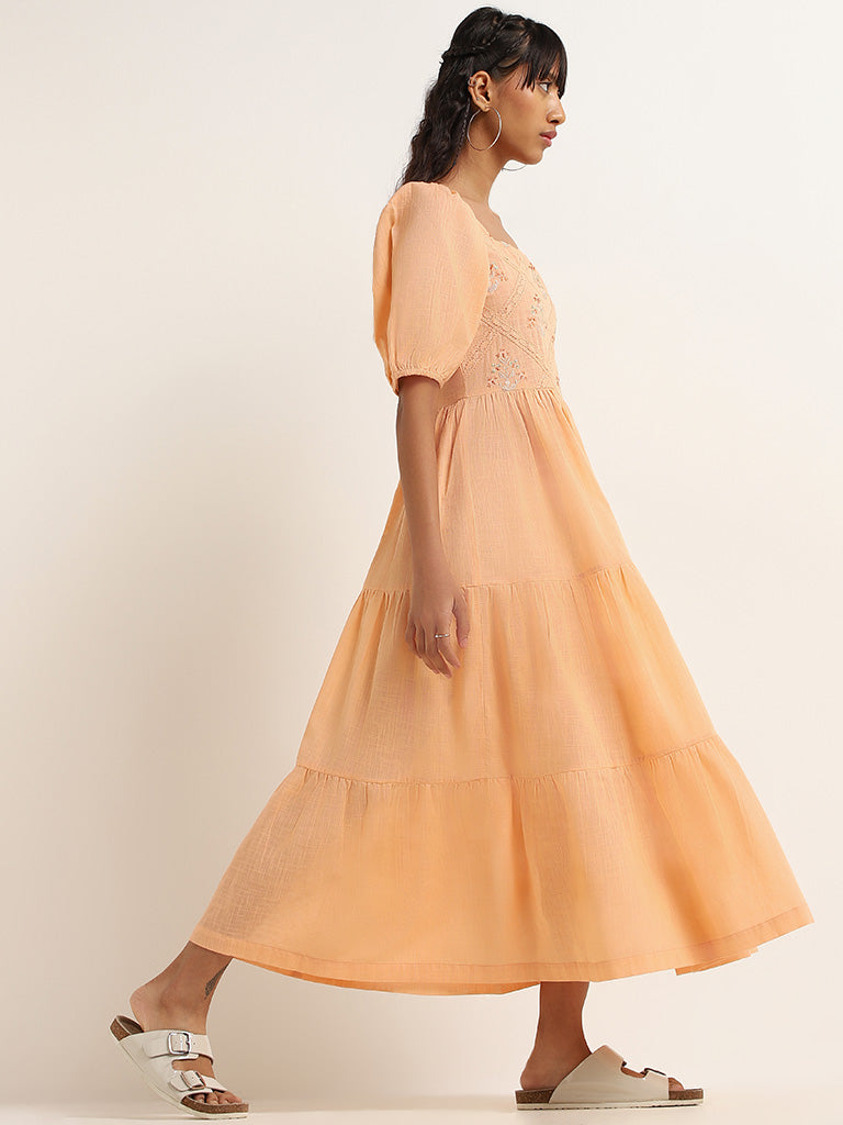 Bombay Paisley Peach Embroidered Cotton Tiered Dress