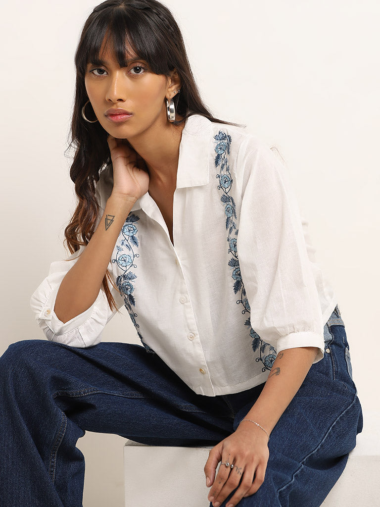 Bombay Paisley White Floral Embroidered Cotton Shirt