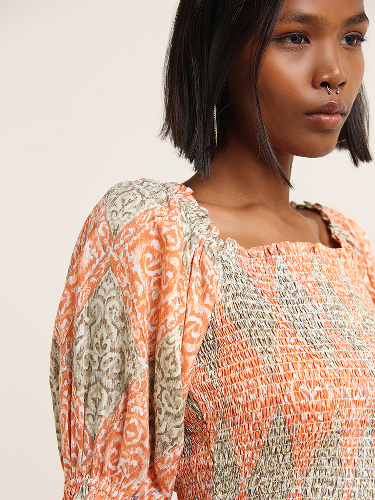 Bombay Paisley Peach Printed Smocked Blouse