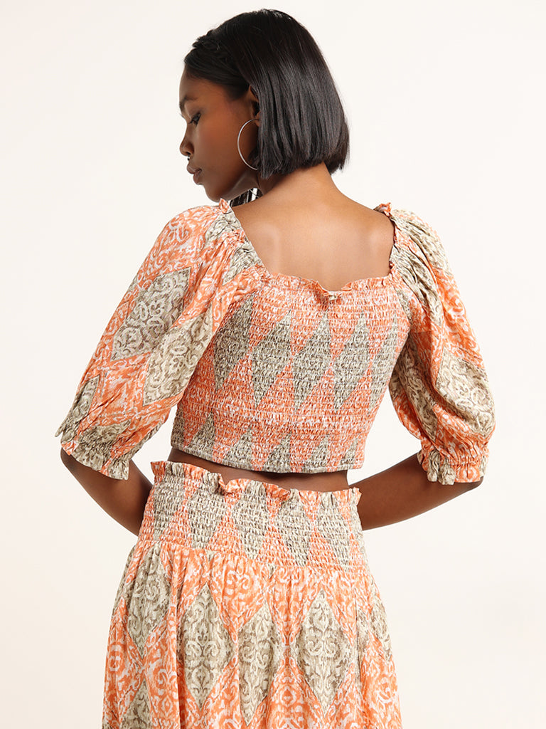 Bombay Paisley Peach Printed Smocked Blouse