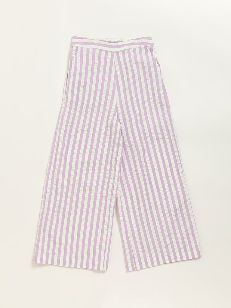 Utsa Kids Light Purple Cotton Striped High-Rise Palazzos (8 -14yrs)