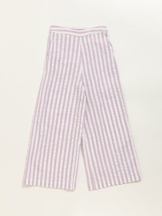 Utsa Kids Light Purple Cotton Striped High-Rise Palazzos (8 -14yrs)