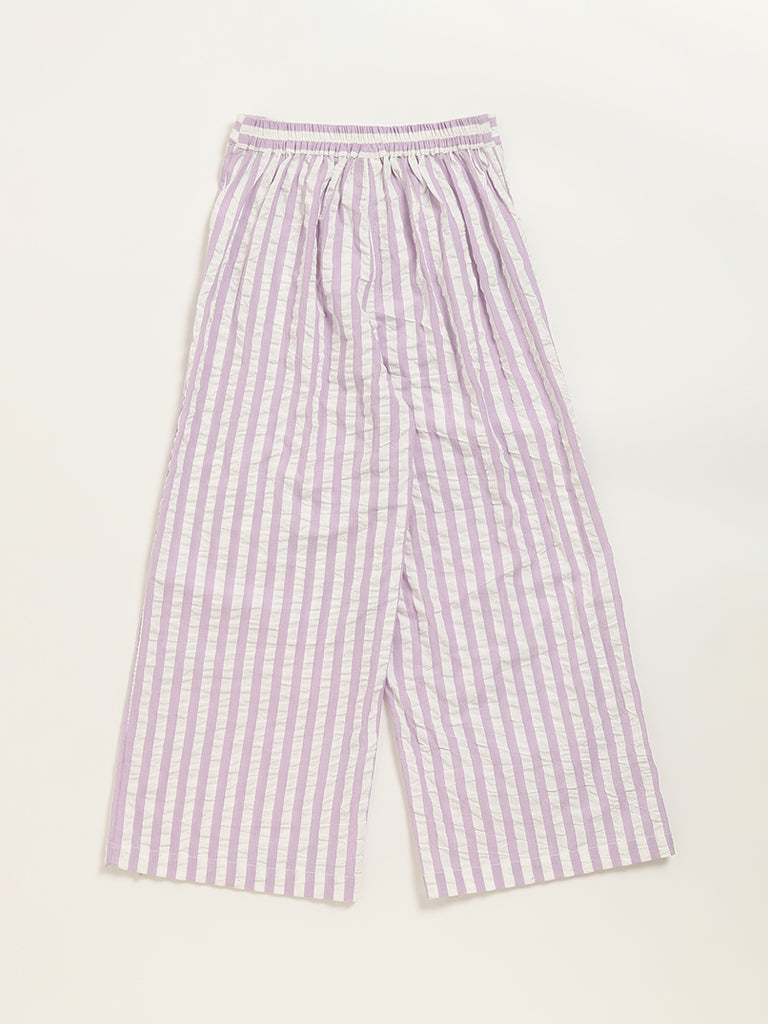 Utsa Kids Light Purple Cotton Striped High-Rise Palazzos (8 -14yrs)