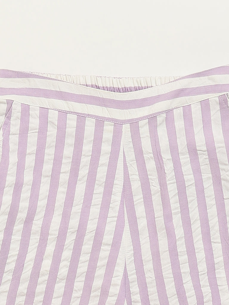 Utsa Kids Light Purple Cotton Striped High-Rise Palazzos (8 -14yrs)