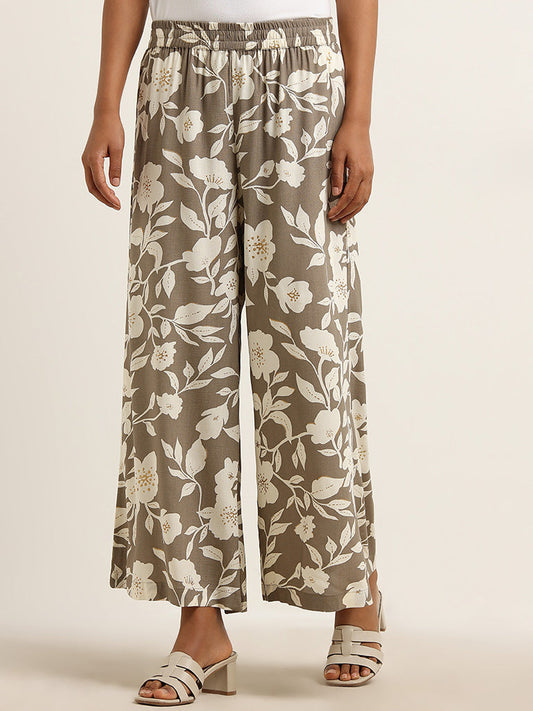 Utsa Dark Taupe Floral Printed Mid Rise Palazzos