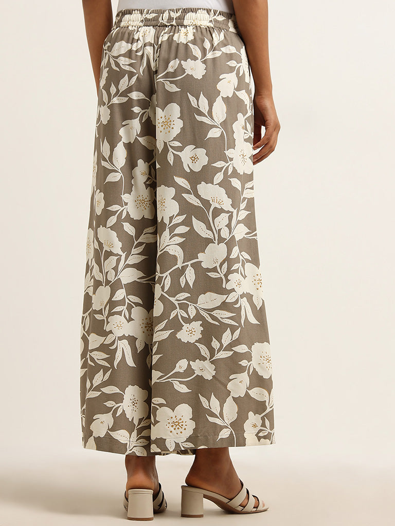 Utsa Dark Taupe Floral Printed Mid Rise Palazzos