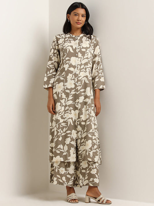 Utsa Dark Taupe Floral Printed Mid Rise Palazzos